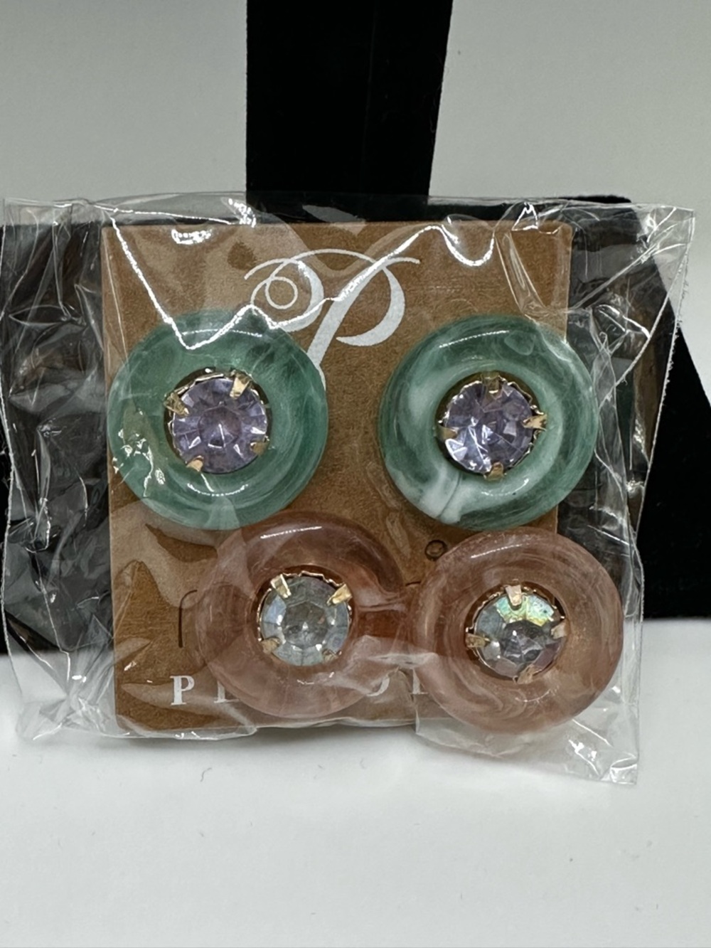 PLUNDER Green And Beige Set 2 Pcs Large Pierced Disc With Stone Earrings